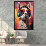 Llama Wearing Headphones With Sunglasses V8 Framed Canvas Prints Wall Art Home Decor, Painting Canvas, Floating Frame