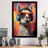 Llama Wearing Headphones With Sunglasses V8 Framed Art Prints Wall Decor, Painting Art, Framed Picture