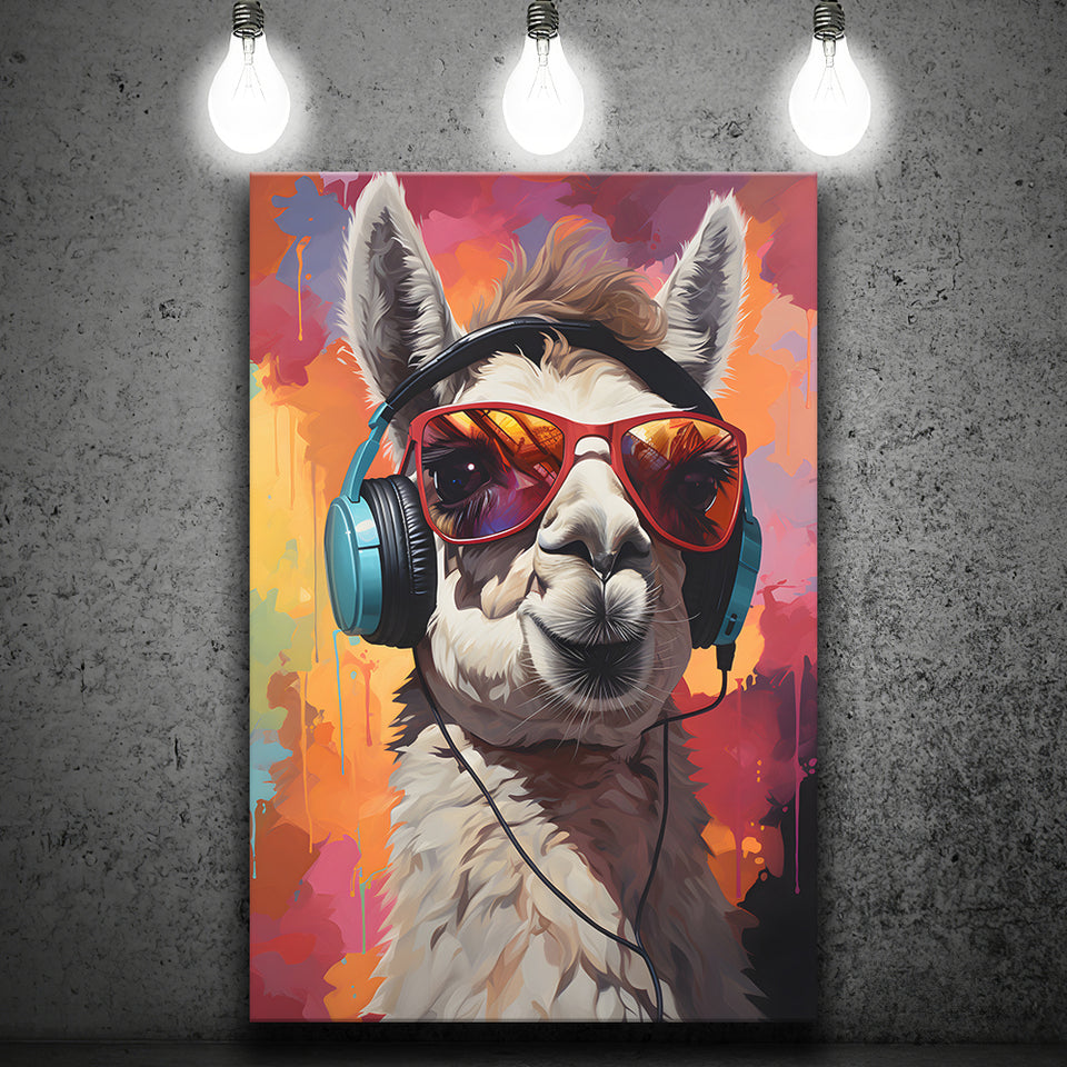 Llama Wearing Headphones With Sunglasses V8 Canvas Prints Wall Art Home Decor, Painting Canvas, Living Room Wall Decor