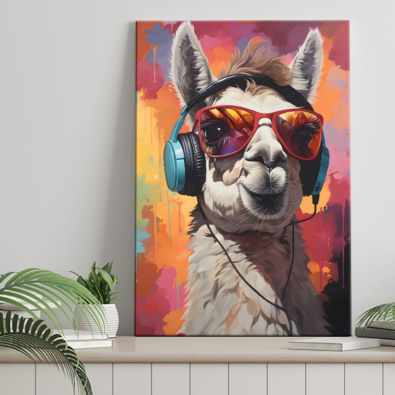 Llama Wearing Headphones With Sunglasses V8 Canvas Prints Wall Art Home Decor, Painting Canvas, Living Room Wall Decor