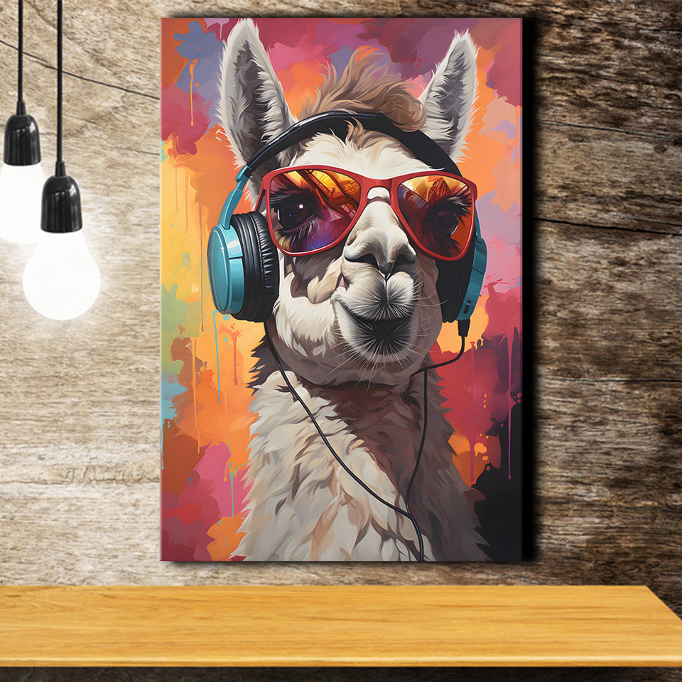 Llama Wearing Headphones With Sunglasses V8 Canvas Prints Wall Art Home Decor, Painting Canvas, Living Room Wall Decor