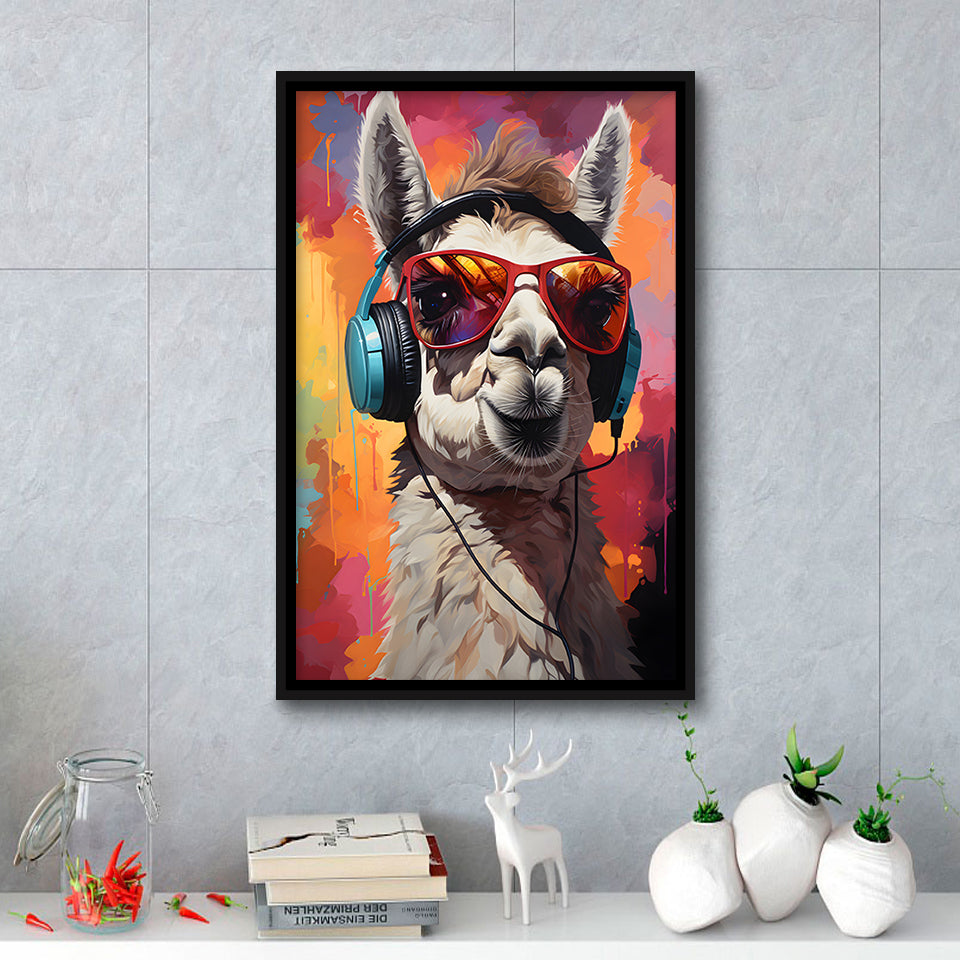 Llama Wearing Headphones With Sunglasses V8 Framed Canvas Prints Wall Art Home Decor, Painting Canvas, Floating Frame