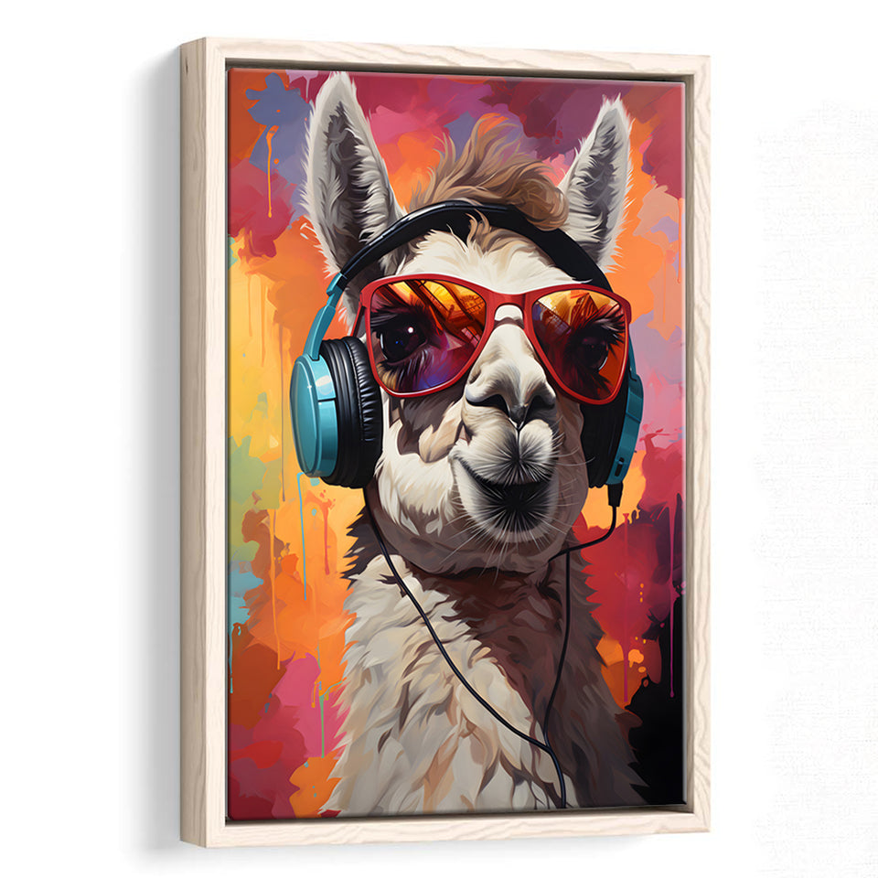 Llama Wearing Headphones With Sunglasses V8 Framed Canvas Prints Wall Art Home Decor, Painting Canvas, Floating Frame