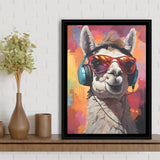 Llama Wearing Headphones With Sunglasses V8 Framed Canvas Prints Wall Art Home Decor, Painting Canvas, Floating Frame