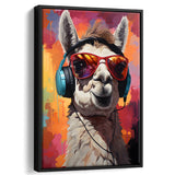 Llama Wearing Headphones With Sunglasses V8 Framed Canvas Prints Wall Art Home Decor, Painting Canvas, Floating Frame