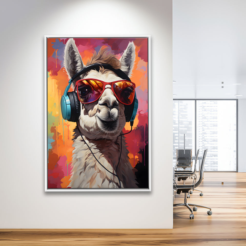 Llama Wearing Headphones With Sunglasses V8 Framed Canvas Prints Wall Art Home Decor, Painting Canvas, Floating Frame