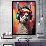 Llama Wearing Headphones With Sunglasses V8 Framed Art Prints Wall Decor, Painting Art, Framed Picture
