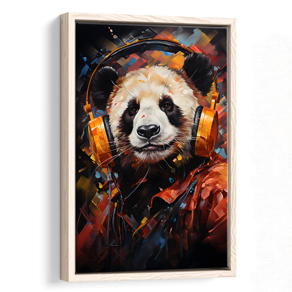 Panda Wearing Headphones V2 Framed Canvas Prints Wall Art Home Decor, Painting Canvas, Floating Frame