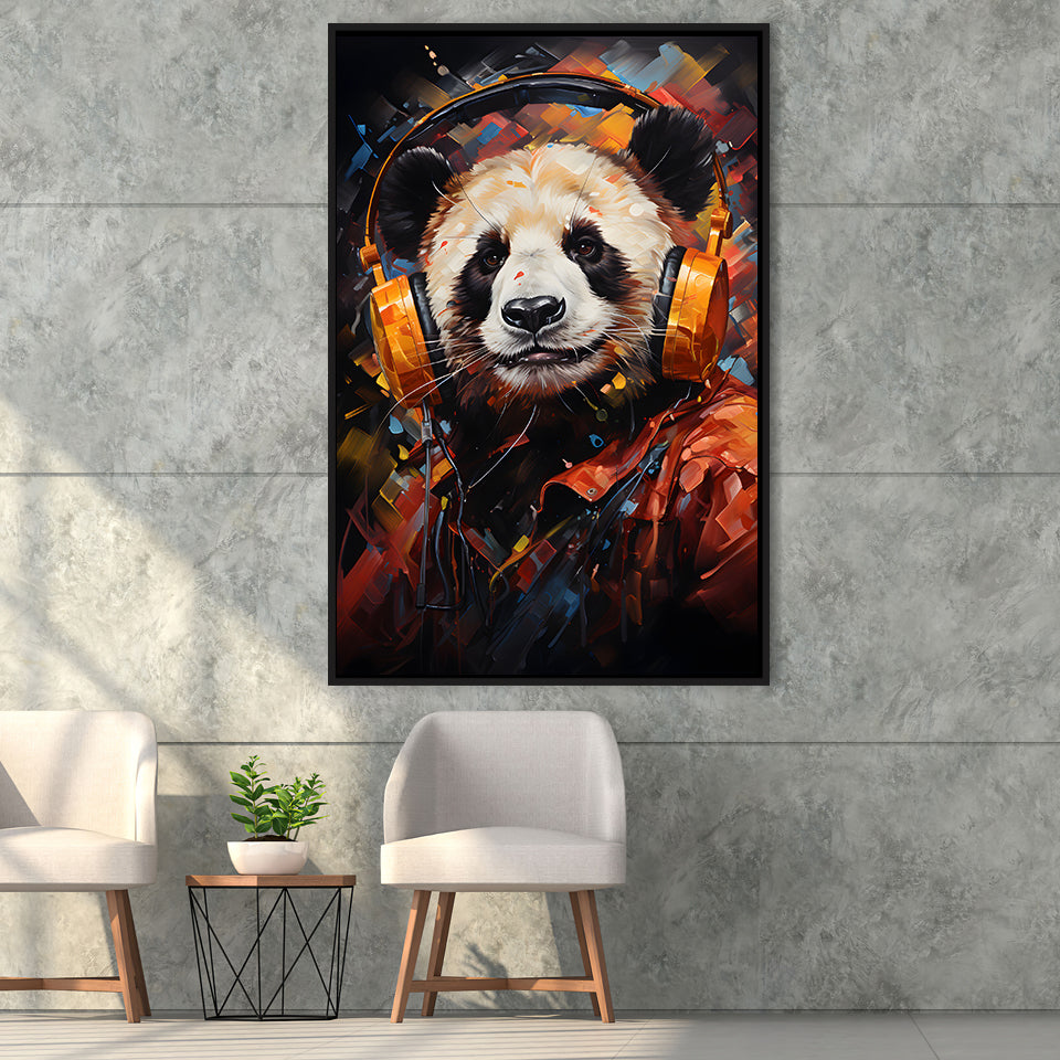Panda Wearing Headphones V2 Framed Canvas Prints Wall Art Home Decor, Painting Canvas, Floating Frame