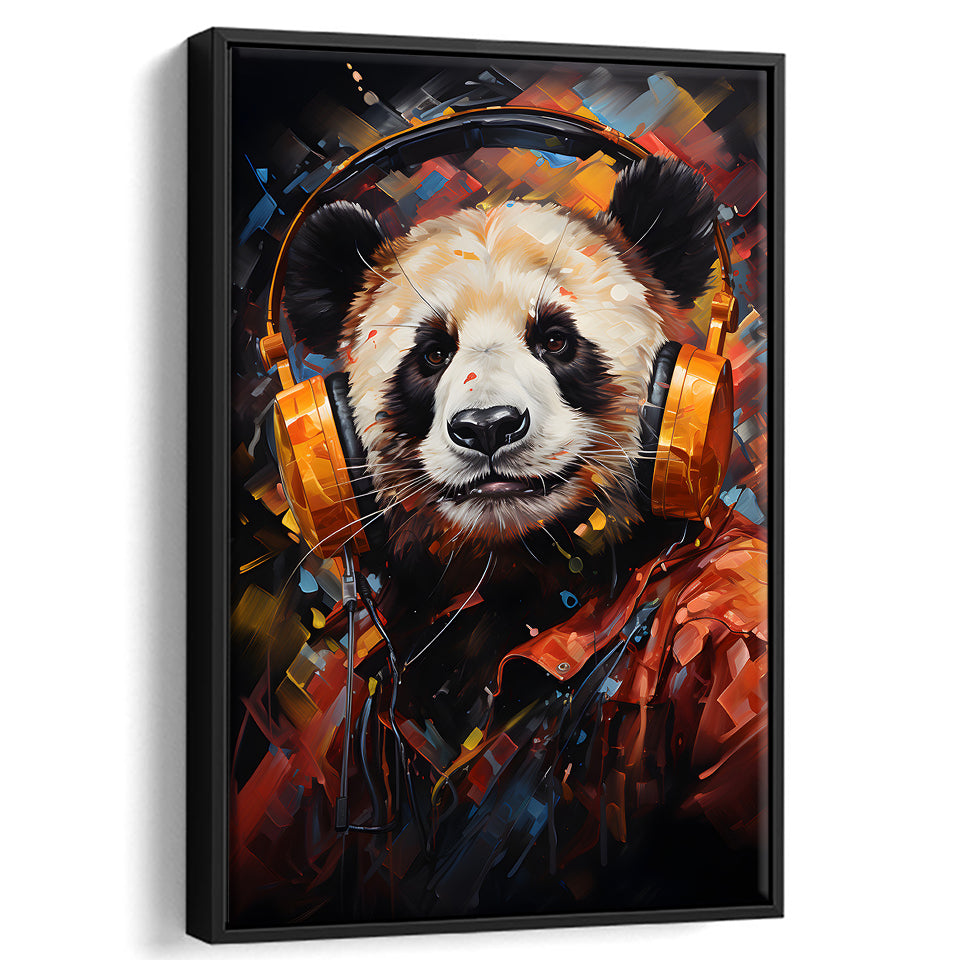 Panda Wearing Headphones V2 Framed Canvas Prints Wall Art Home Decor, Painting Canvas, Floating Frame