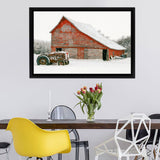A Snowy Christmas Scene With A Red Barn And A Vintage Tractor Canvas Wall Art - Canvas Print, Framed Canvas, Painting Canvas