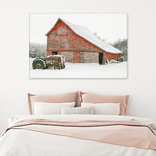 A Snowy Christmas Scene With A Red Barn And A Vintage Tractor Canvas Wall Art - Canvas Prints, Prints For Sale, Painting Canvas,Canvas On Sale