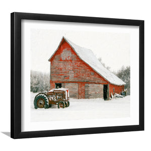 A Snowy Christmas Scene With A Red Barn And A Vintage Tractor Wall Art Print - Framed Art, Framed Prints, Painting Print