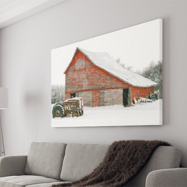 A Snowy Christmas Scene With A Red Barn And A Vintage Tractor Canvas Wall Art - Canvas Prints, Prints For Sale, Painting Canvas,Canvas On Sale