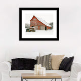 A Snowy Christmas Scene With A Red Barn And A Vintage Tractor Wall Art Print - Framed Art, Framed Prints, Painting Print