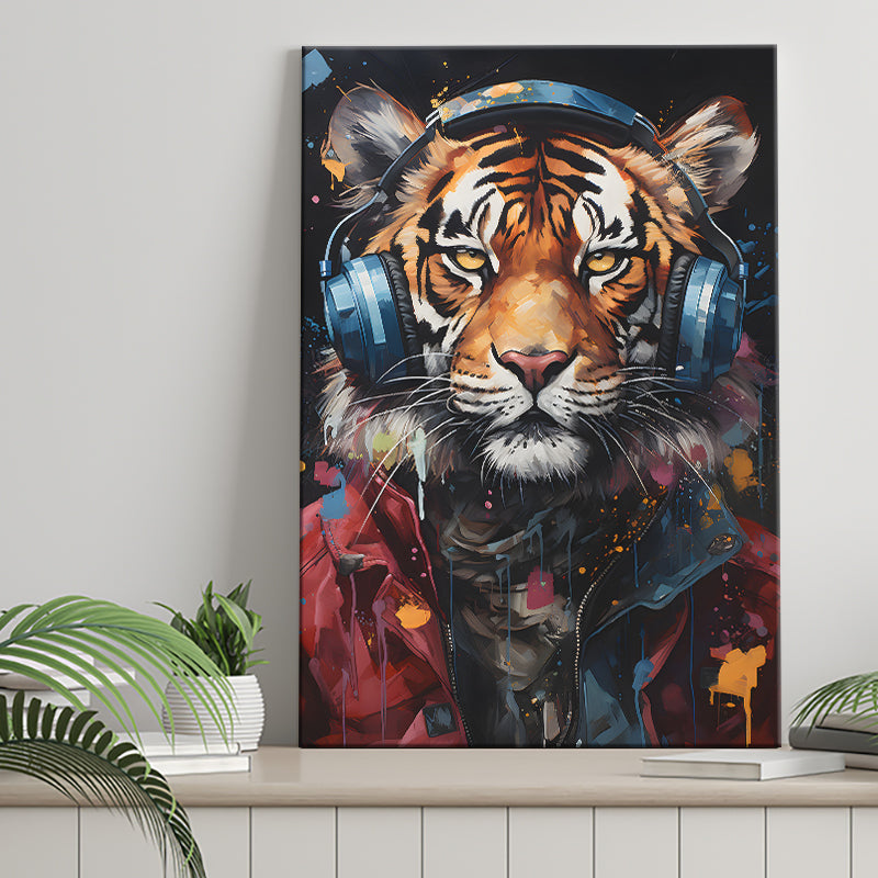 Tiger Wearing Headphones Glasses V1 Canvas Prints Wall Art Home Decor, Painting Canvas, Living Room Wall Decor