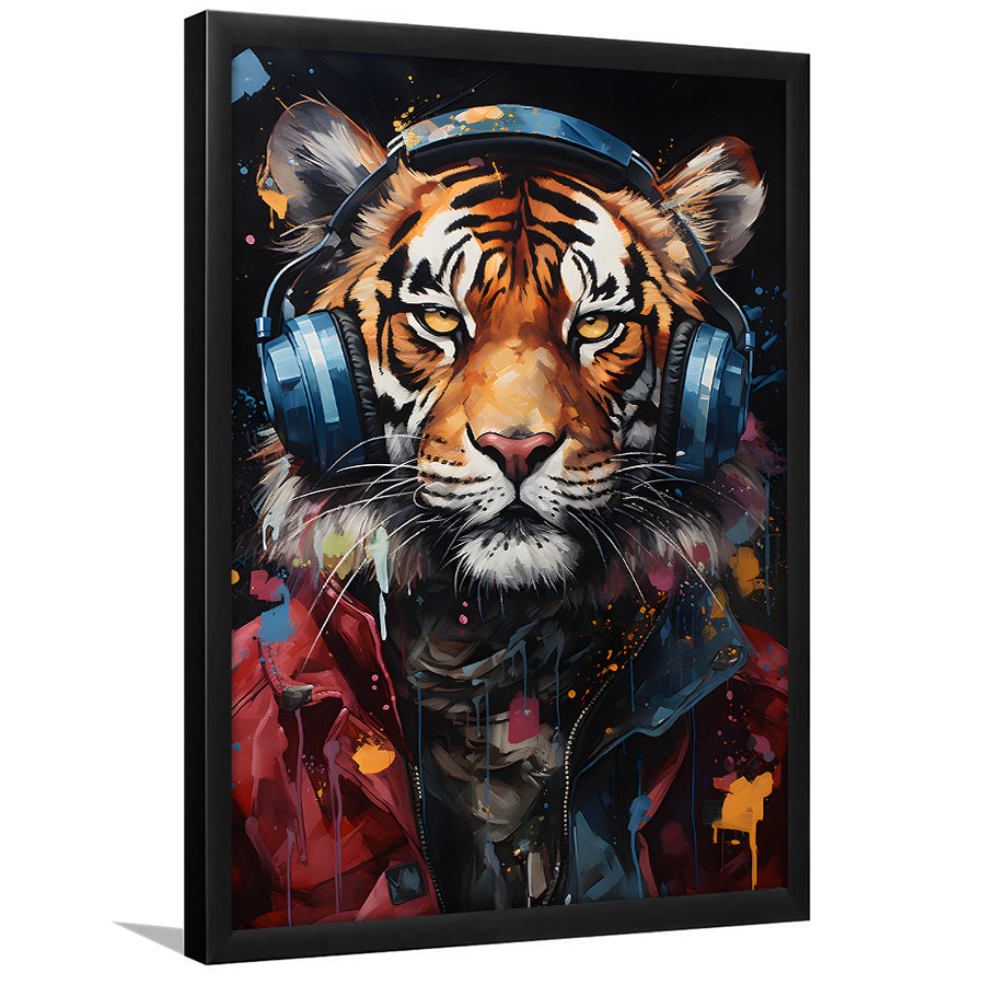 Tiger Wearing Headphones Glasses V1 Framed Art Prints Wall Decor, Painting Art, Framed Picture