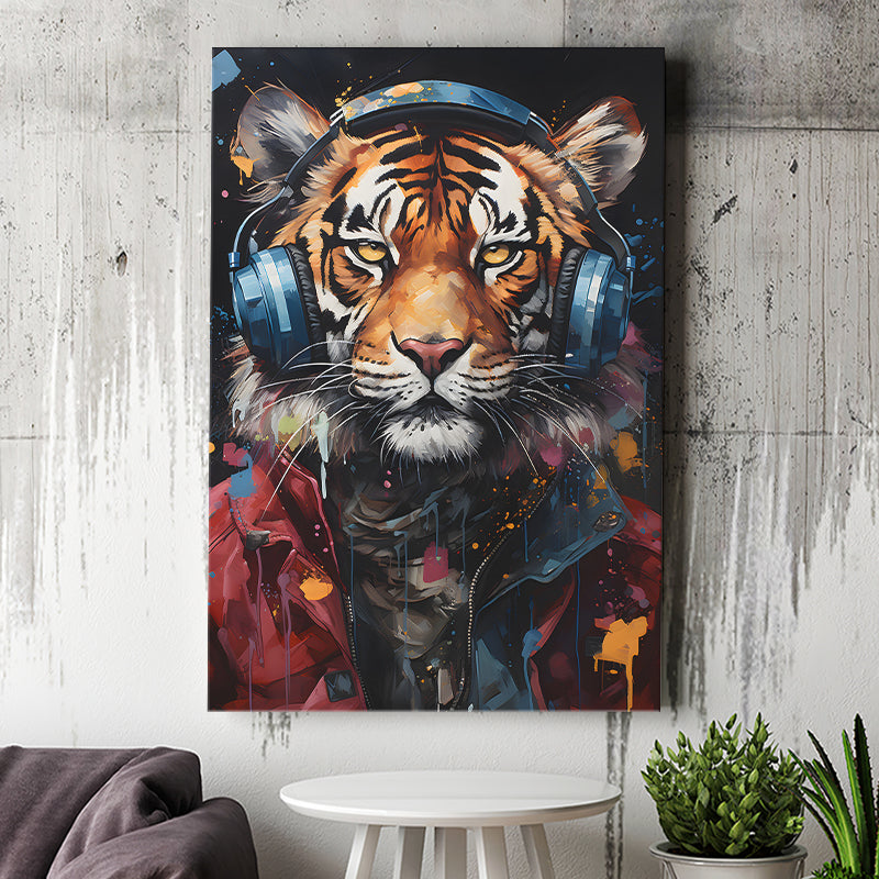 Tiger Wearing Headphones Glasses V1 Canvas Prints Wall Art Home Decor, Painting Canvas, Living Room Wall Decor