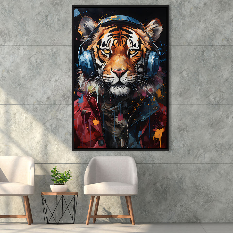 Tiger Wearing Headphones Glasses V1 Framed Canvas Prints Wall Art Home Decor, Painting Canvas, Floating Frame
