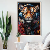 Tiger Wearing Headphones Glasses V1 Framed Canvas Prints Wall Art Home Decor, Painting Canvas, Floating Frame