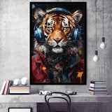 Tiger Wearing Headphones Glasses V1 Framed Art Prints Wall Decor, Painting Art, Framed Picture