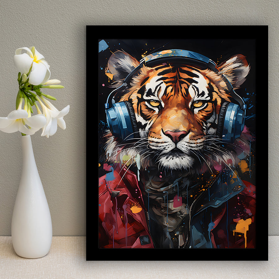 Tiger Wearing Headphones Glasses V1 Framed Art Prints Wall Decor, Painting Art, Framed Picture