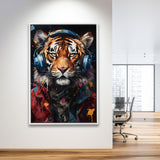Tiger Wearing Headphones Glasses V1 Framed Canvas Prints Wall Art Home Decor, Painting Canvas, Floating Frame