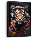 Tiger Wearing Headphones Glasses V2 Framed Canvas Prints Wall Art Home Decor, Painting Canvas, Floating Frame