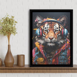Tiger Wearing Headphones Glasses V2 Framed Canvas Prints Wall Art Home Decor, Painting Canvas, Floating Frame