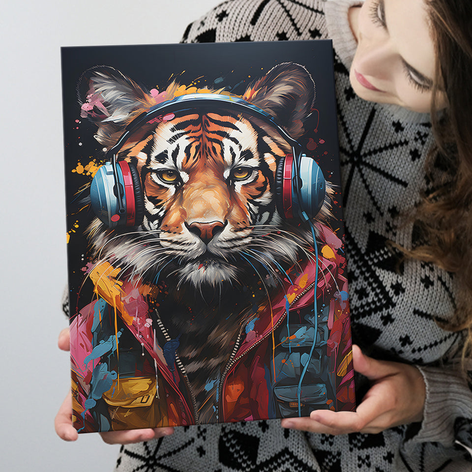 Tiger Wearing Headphones Glasses V2 Canvas Prints Wall Art Home Decor, Painting Canvas, Living Room Wall Decor