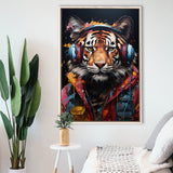 Tiger Wearing Headphones Glasses V2 Framed Canvas Prints Wall Art Home Decor, Painting Canvas, Floating Frame