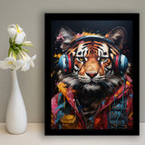 Tiger Wearing Headphones Glasses V2 Framed Art Prints Wall Decor, Painting Art, Framed Picture