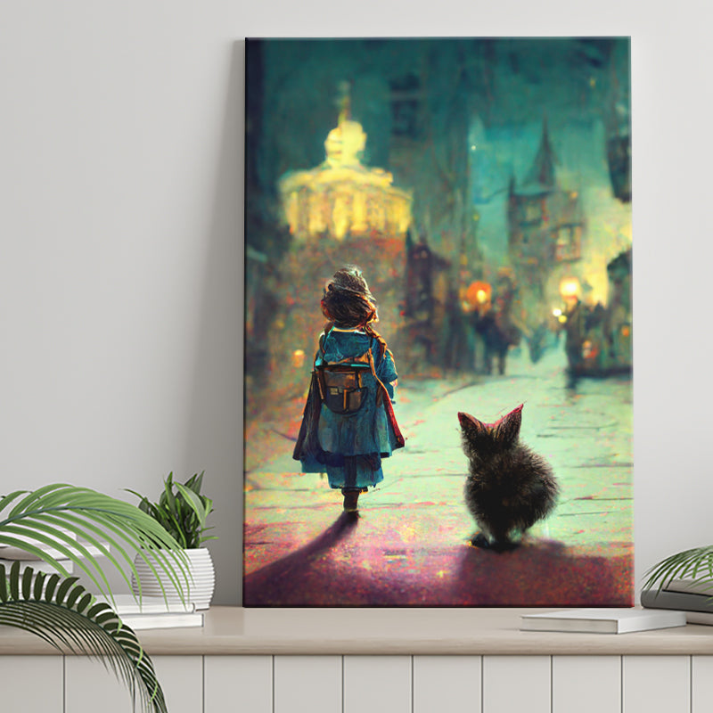 A Tiny Kitten And Lovely Litle Girl Together Canvas Prints Wall Art - Painting Canvas, Wall Decor, Home Decor