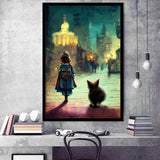 A Tiny Kitten And Lovely Litle Girl Together Framed Art Print Wall Decor - Painting Art, Framed Picture, Home Decor