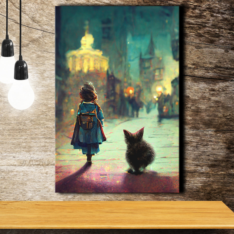 A Tiny Kitten And Lovely Litle Girl Together Canvas Prints Wall Art - Painting Canvas, Wall Decor, Home Decor