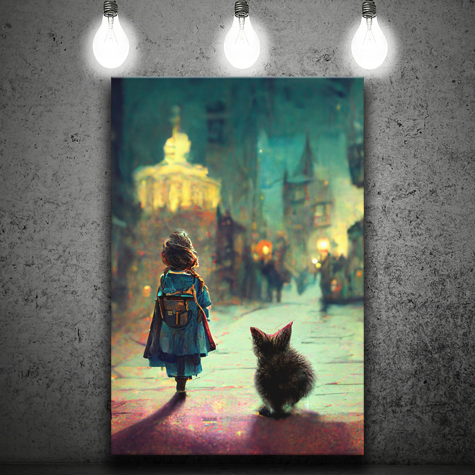 A Tiny Kitten And Lovely Litle Girl Together Canvas Prints Wall Art - Painting Canvas, Wall Decor, Home Decor