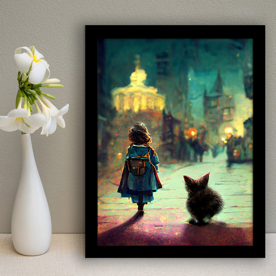 A Tiny Kitten And Lovely Litle Girl Together Framed Art Print Wall Decor - Painting Art, Framed Picture, Home Decor