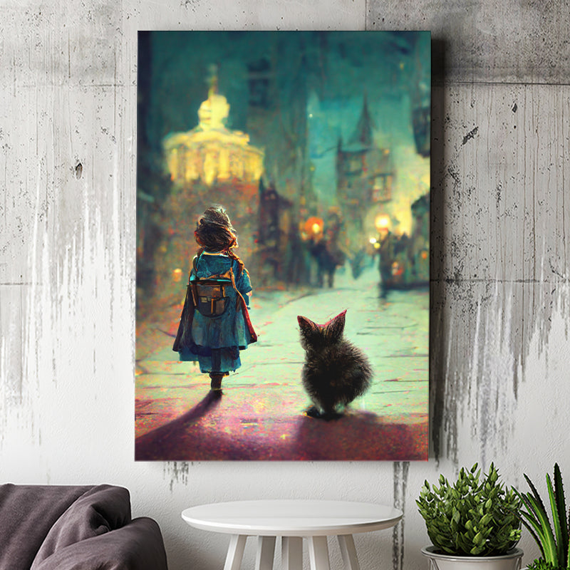 A Tiny Kitten And Lovely Litle Girl Together Canvas Prints Wall Art - Painting Canvas, Wall Decor, Home Decor
