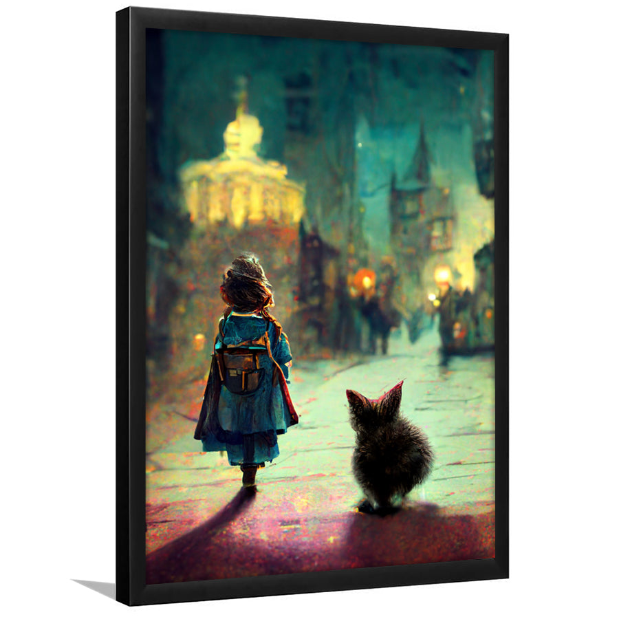 A Tiny Kitten And Lovely Litle Girl Together Framed Art Print Wall Decor - Painting Art, Framed Picture, Home Decor