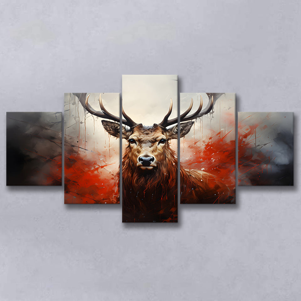 Abstract Deer Stag Head Red And Black 5 Panels Canvas Prints Wall Art Home Decor, Large Mixed Canvas