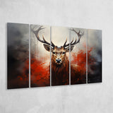 Abstract Deer Stag Head Red And Black 5 Panels B Canvas Prints Wall Art Home Decor, Extra Large Canvas