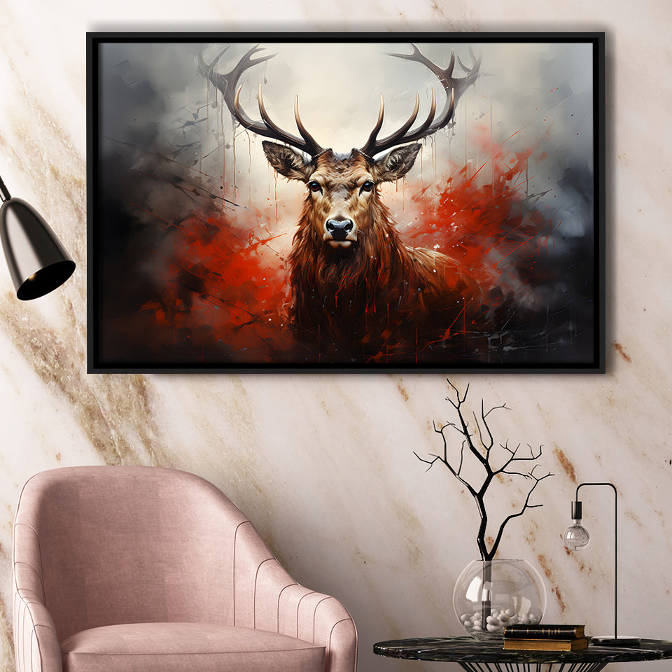 Abstract Deer Stag Head Red And Black Framed Canvas Prints Wall Art Home Decor, Painting Canvas, Floating Frame