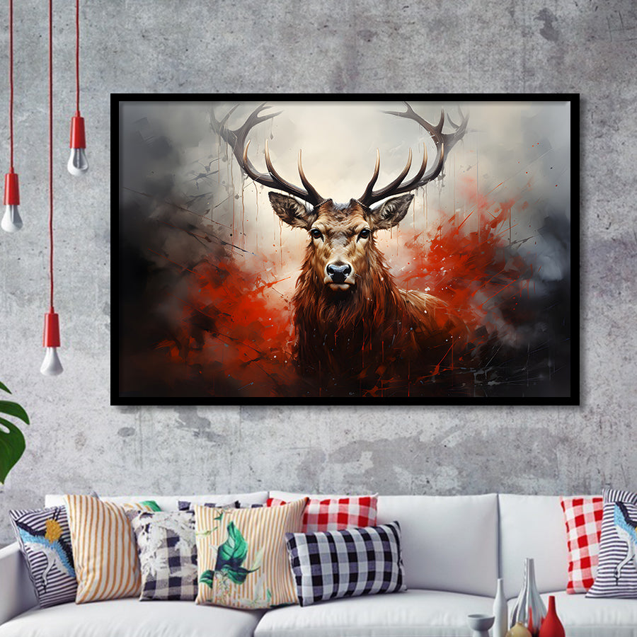 Abstract Deer Stag Head Red And Black Framed Art Prints Wall Decor, Painting Art, Framed Picture