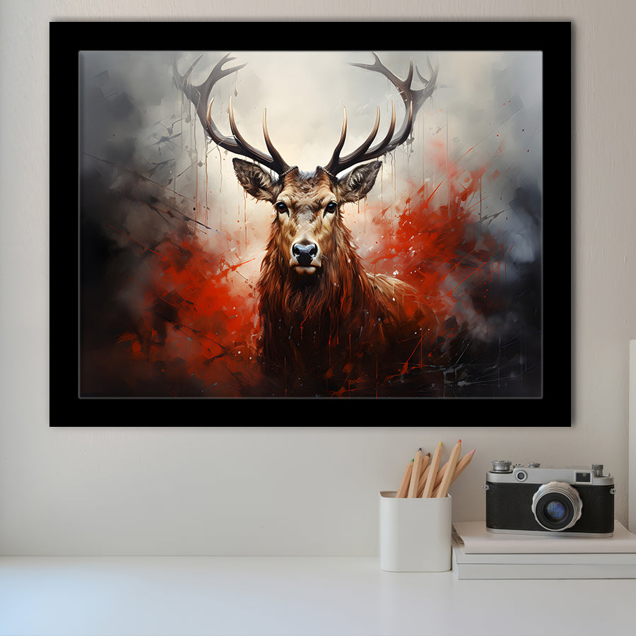 Abstract Deer Stag Head Red And Black Framed Art Prints Wall Decor, Painting Art, Framed Picture