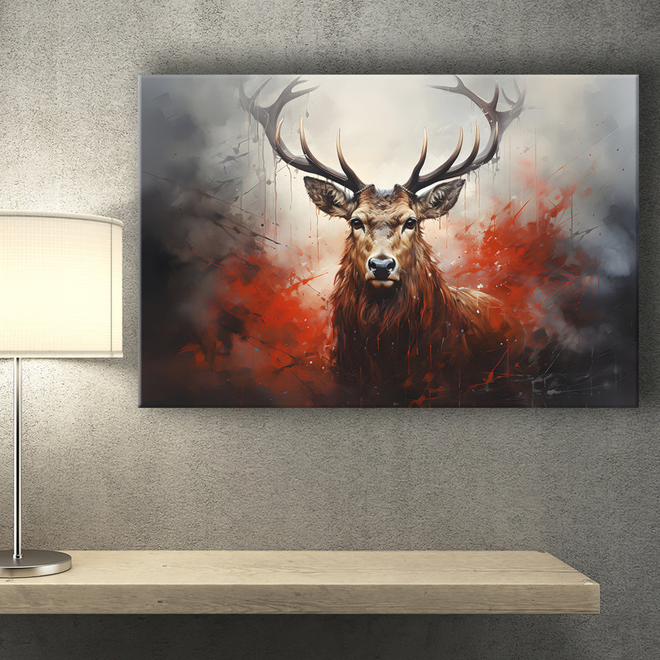 Abstract Deer Stag Head Red And Black Canvas Prints Wall Art Home Decor, Painting Canvas, Living Room Wall Decor