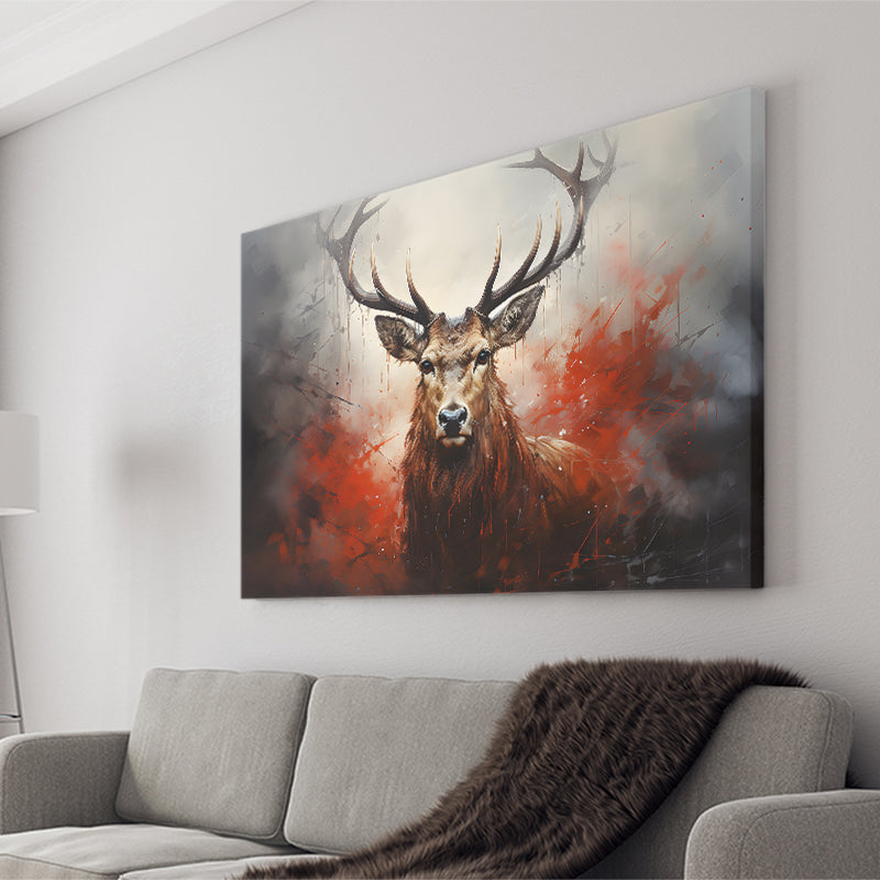 Abstract Deer Stag Head Red And Black Canvas Prints Wall Art Home Decor, Painting Canvas, Living Room Wall Decor