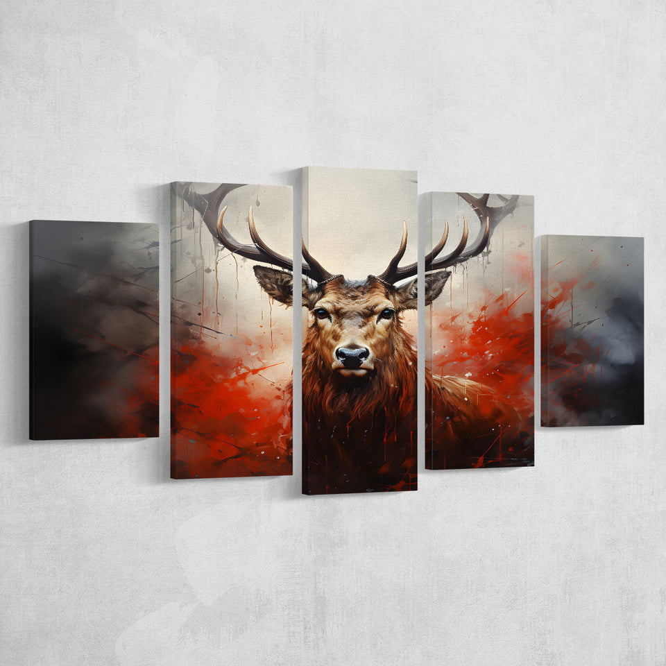 Abstract Deer Stag Head Red And Black 5 Panels Canvas Prints Wall Art Home Decor, Large Mixed Canvas