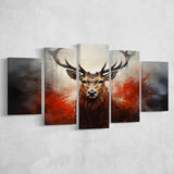 Abstract Deer Stag Head Red And Black 5 Panels Canvas Prints Wall Art Home Decor, Large Mixed Canvas