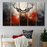 Abstract Deer Stag Head Red And Black 5 Panels B Canvas Prints Wall Art Home Decor, Extra Large Canvas