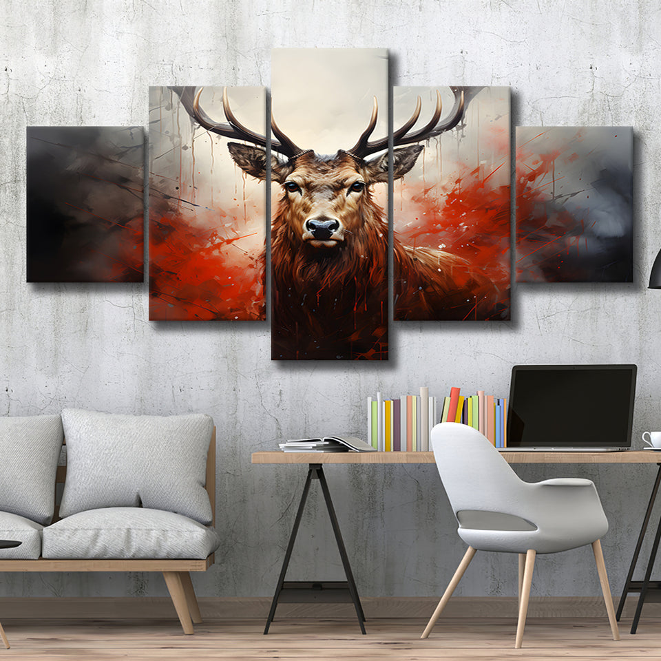 Abstract Deer Stag Head Red And Black 5 Panels Canvas Prints Wall Art Home Decor, Large Mixed Canvas